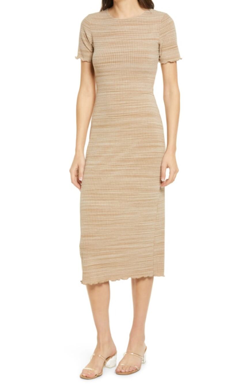 Reformation Perry Rib Midi Dress Bodycon Short Sleeve Toffee Tan Womens Size XS